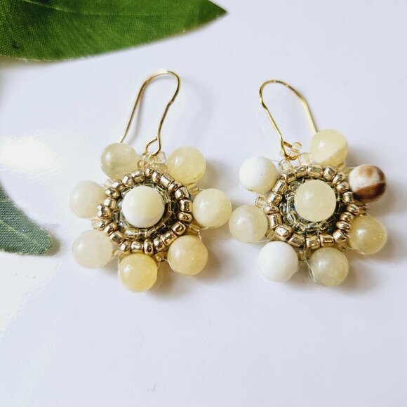 2/$27 | Yellow Marble Mini Shield Beaded Indigenous Hoop Earrings | Handmade - Picture 4 of 6